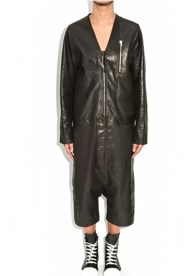 Men’s Black Leather Jumpsuit – Full-Body Utility Biker Style