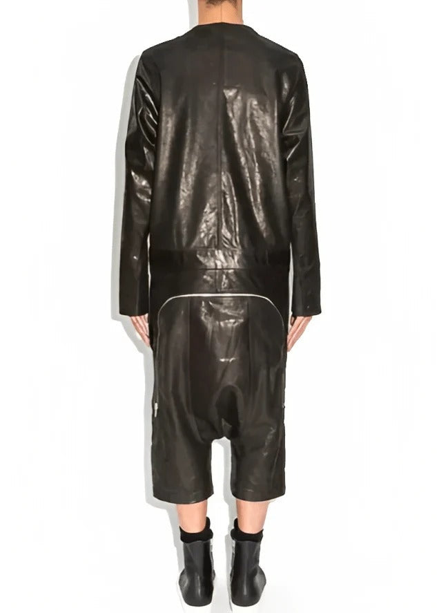 Men’s Black Leather Jumpsuit – Full-Body Utility Biker Style