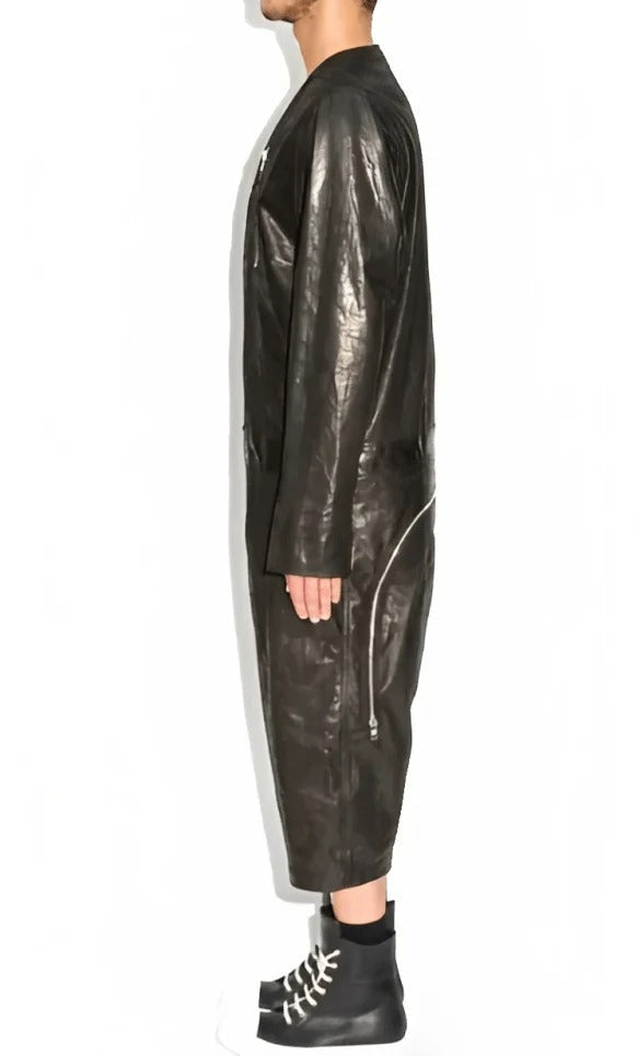 Men’s Black Leather Jumpsuit – Full-Body Utility Biker Style