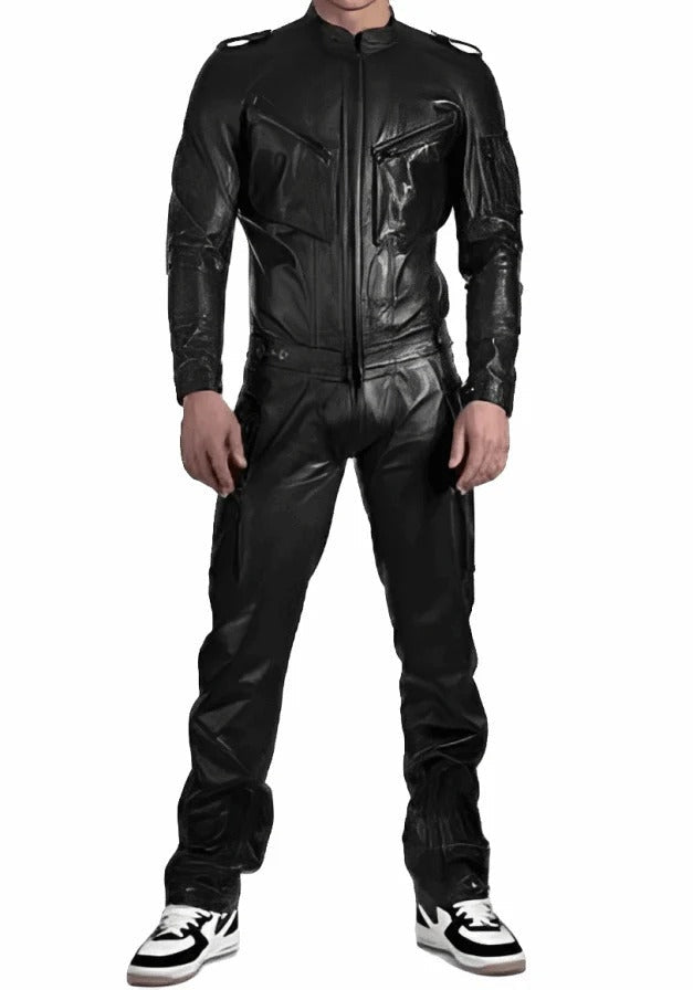 Men’s Black Leather Jumpsuit with Adjustable Straps – Rugged Utility Fit