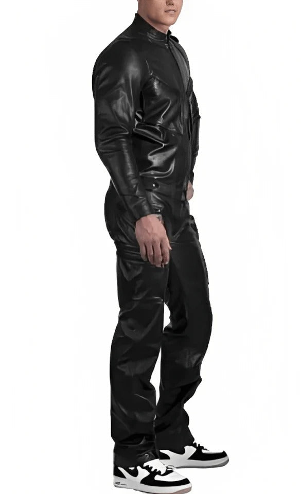 Men’s Black Leather Jumpsuit with Adjustable Straps – Rugged Utility Fit