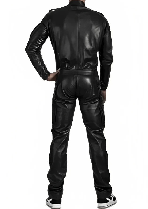 Men’s Black Leather Jumpsuit with Adjustable Straps – Rugged Utility Fit