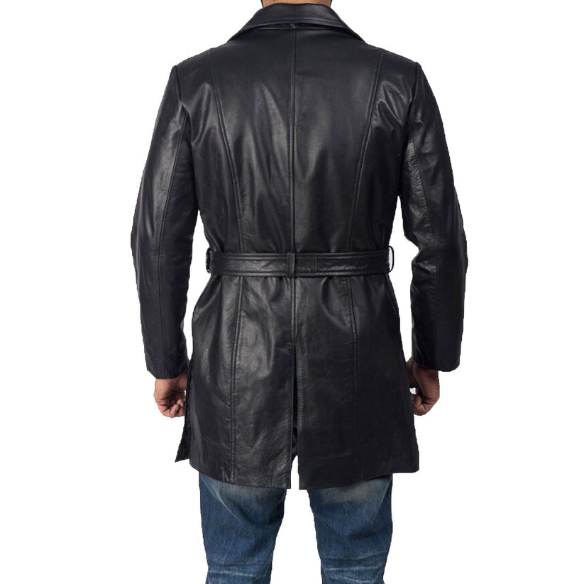 Men’s Black Sheepskin Leather Trench Coat – Warm & Classic Fit