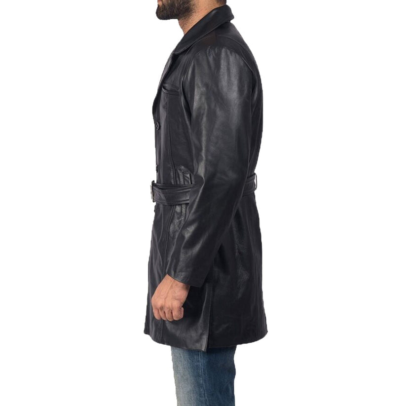 Men’s Black Sheepskin Leather Trench Coat – Warm & Classic Fit