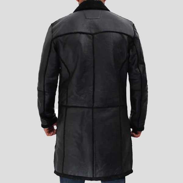 Men’s Black Winter Shearling Leather Trench Coat – Premium Warmth