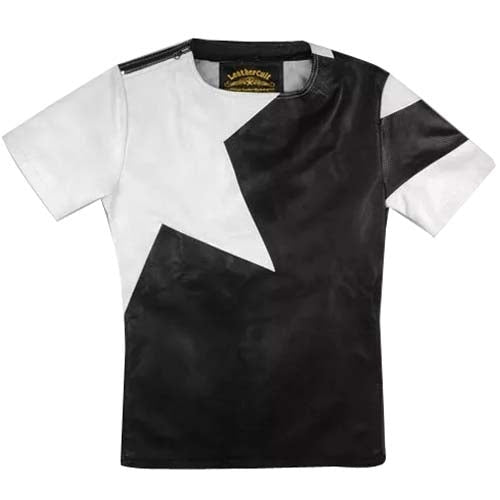 Men’s Black & White Sheepskin Leather T-Shirt – Star Design Edition