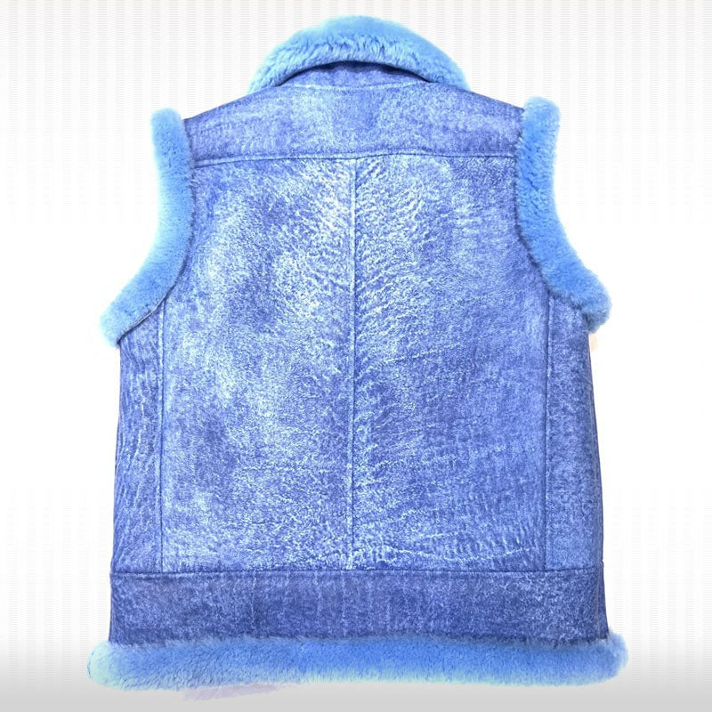 Men’s Blue Sheepskin Shearling Leather Vest