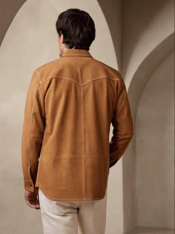 Men’s Brown Suede Leather Shirt – Full Sleeve Western Style