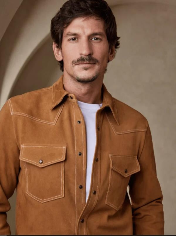 Men’s Brown Suede Leather Shirt – Full Sleeve Western Style