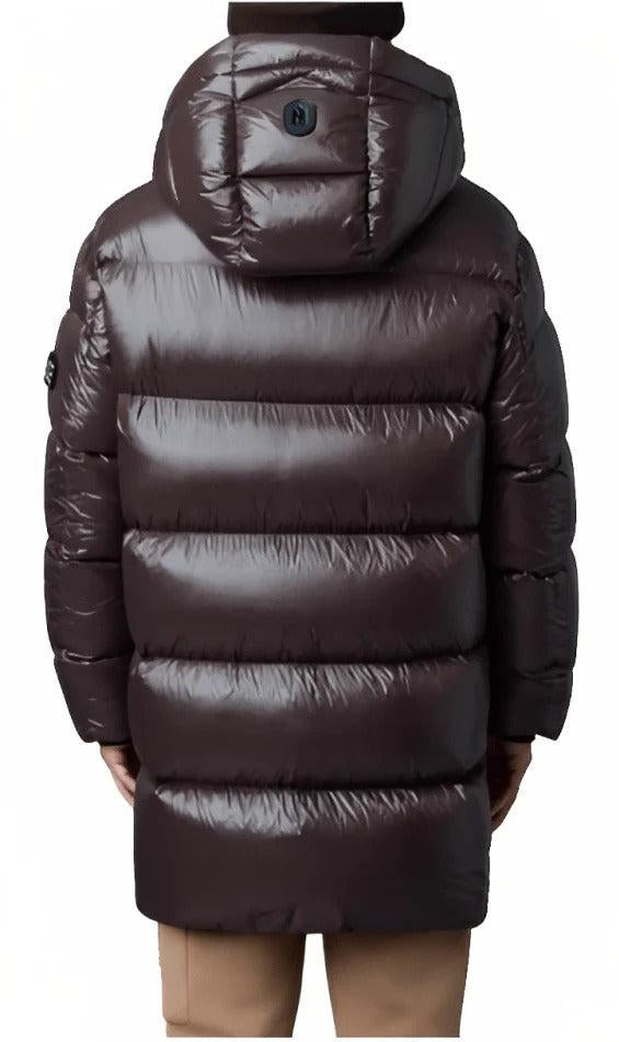 Men’s Chocolate Brown Puffer Trench Coat with Removable Hood