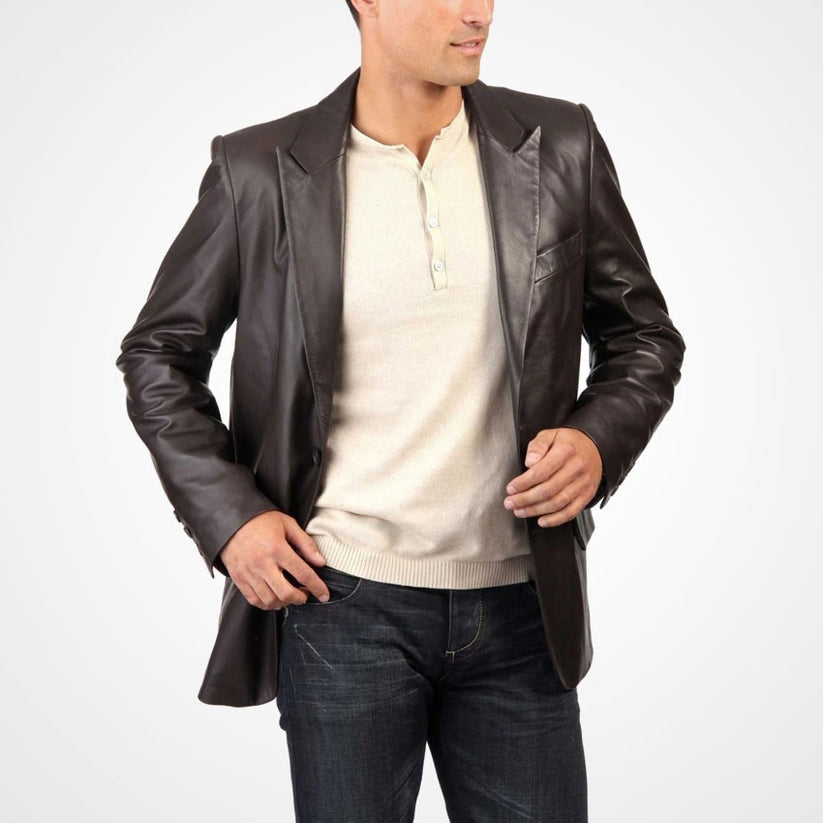 Men’s Black Leather Blazer Jacket – Classic Casual Fit