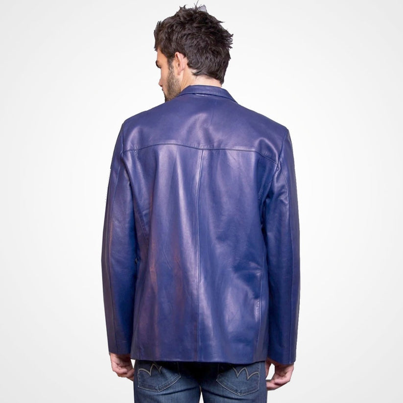 Men’s Blue Leather Blazer – Classic Tailored Fit Jacket