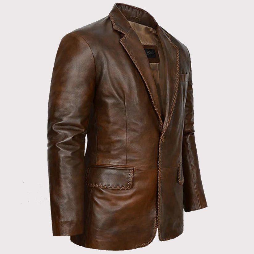 Men's Distressed Brown Leather Blazer – Stylish Vintage Elegance