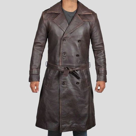 Men’s Vintage Brown Distressed Leather Trench Coat – Winter Longline Style