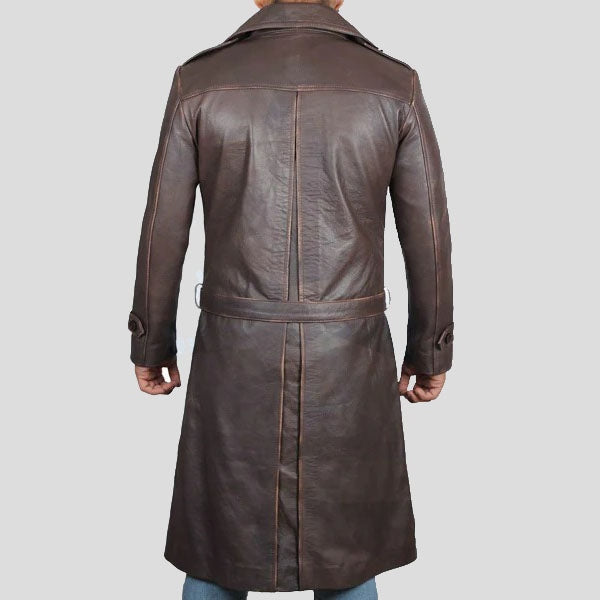 Men’s Vintage Brown Distressed Leather Trench Coat – Winter Longline Style