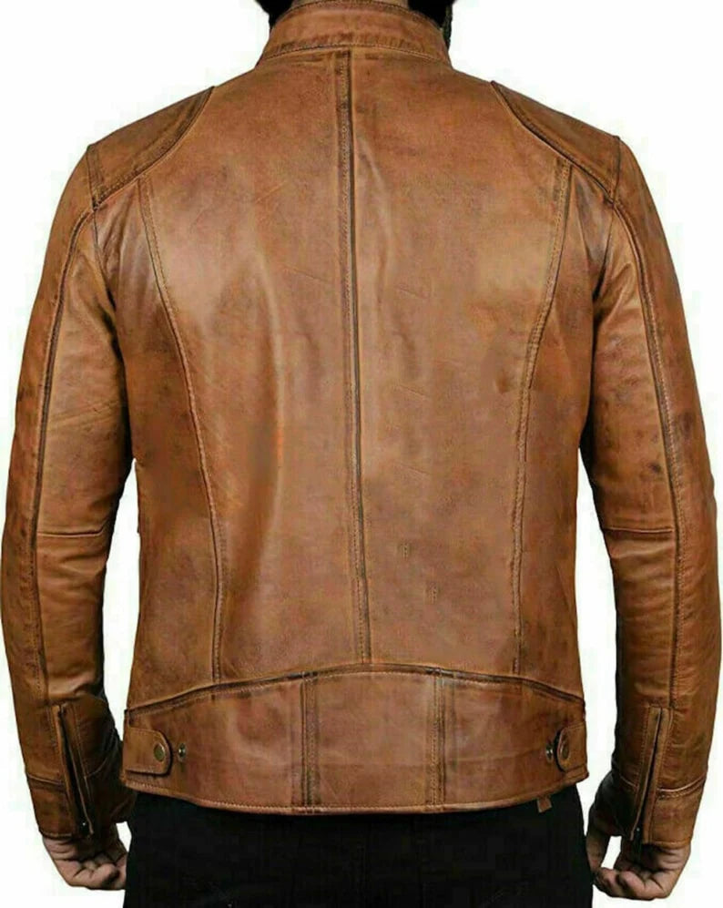 Mens Distressed Motorcycle Leather Jacket In Brown