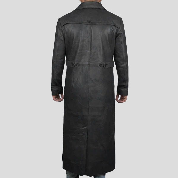 Men’s Full-Length Black Leather Trench Coat – Winter Overcoat Style