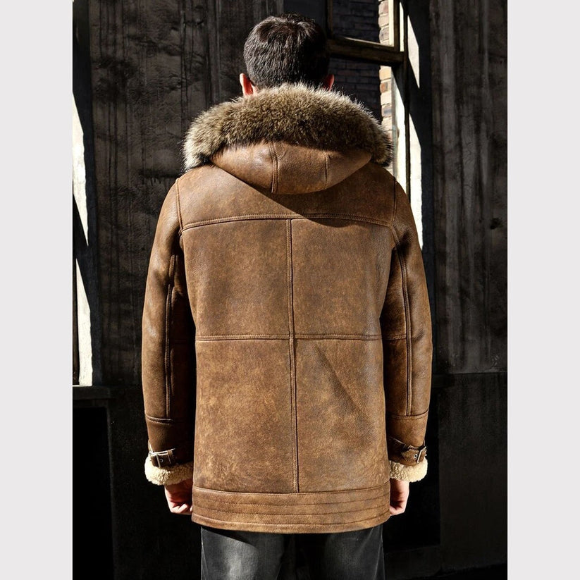 Men’s Long Hooded Shearling Leather Coat