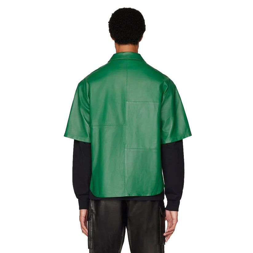 Men’s Green Leather Shirt – Short Sleeve Street Style