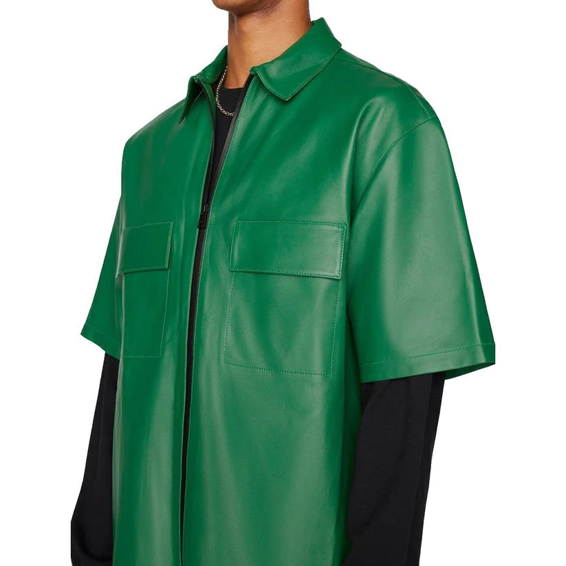 Men’s Green Leather Shirt – Short Sleeve Street Style
