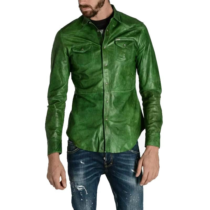 Men’s Green Napa Lamb Leather Biker Shirt – Full Sleeves Edition