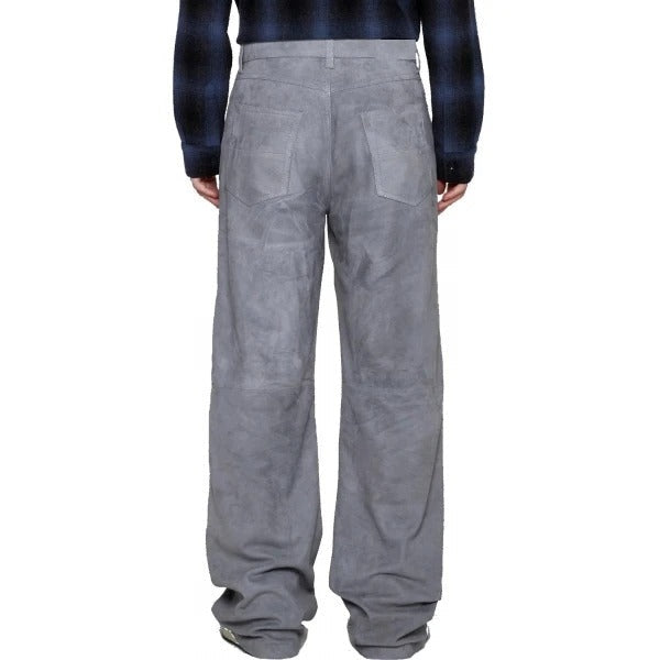Men’s Grey Suede Wide-Leg Leather Pants