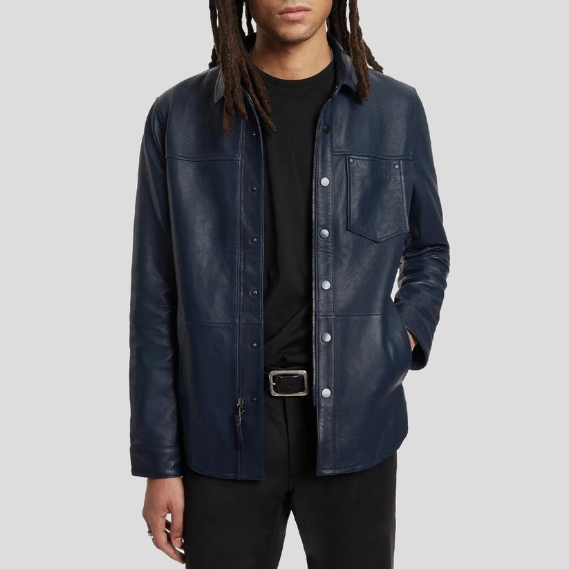 Men’s Ink Blue Sheepskin Leather Shirt Jacket – Luxe Utility Style