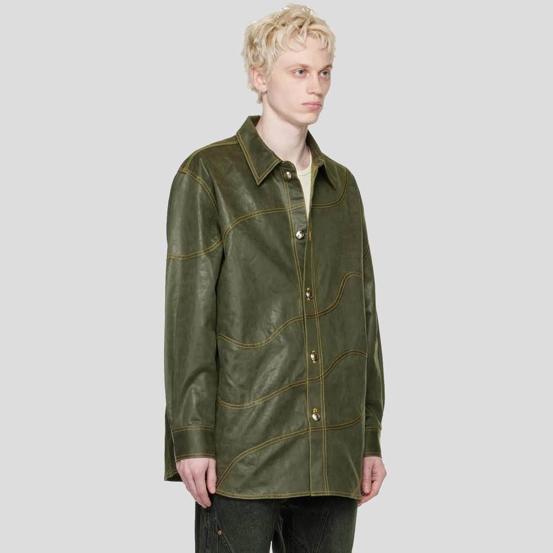 Men’s Khaki Sheepskin Leather Shirt – Wave Texture Edition