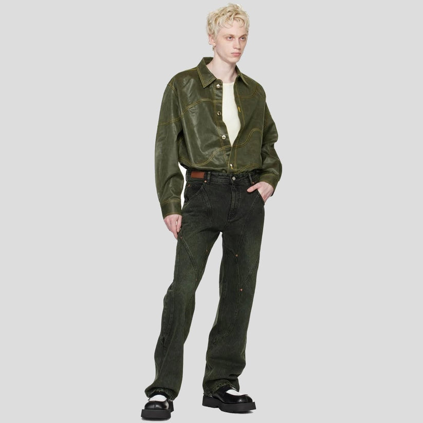 Men’s Khaki Sheepskin Leather Shirt – Wave Texture Edition