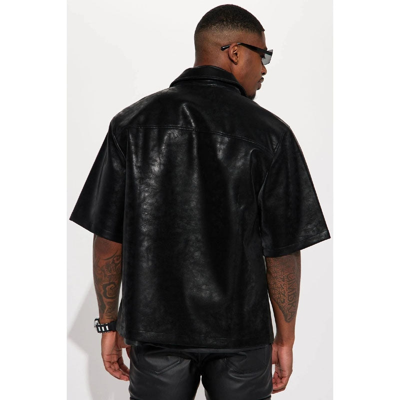Men’s Black Leather Zip-Up Shirt – Short Sleeve Urban Fit