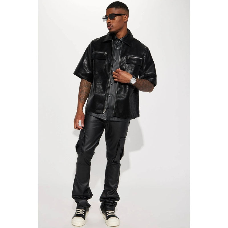 Men’s Black Leather Zip-Up Shirt – Short Sleeve Urban Fit