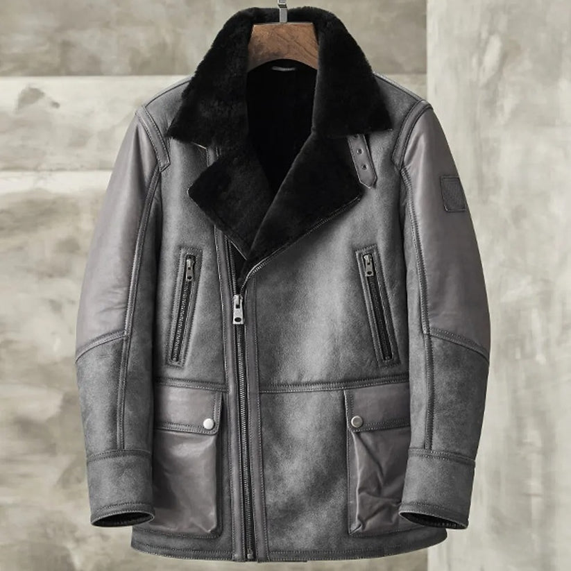 Men's Metallic Gray B3 Shearling Bomber Jacket – Genuine Leather