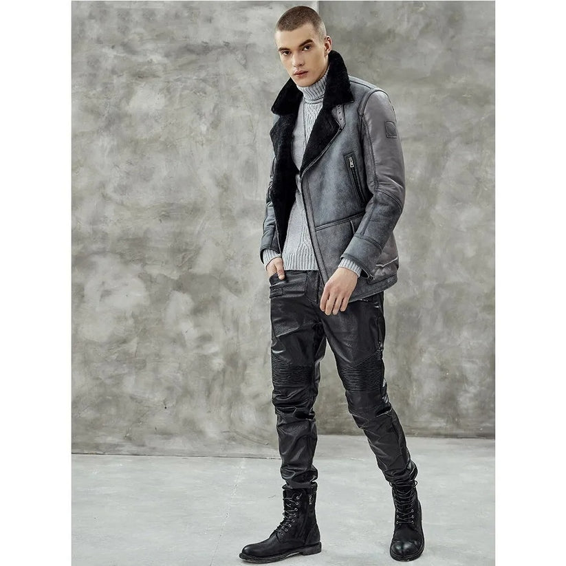 Men's Metallic Gray B3 Shearling Bomber Jacket – Genuine Leather