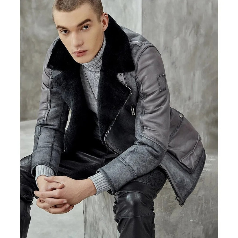 Men's Metallic Gray B3 Shearling Bomber Jacket – Genuine Leather