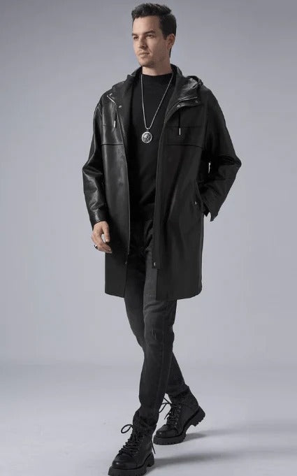 Men’s Black Hooded Leather Trench Coat – Mid-Length Winter Style