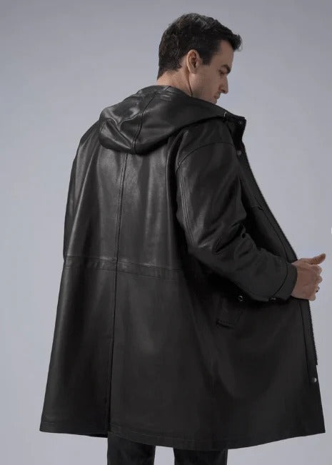 Men’s Black Hooded Leather Trench Coat – Mid-Length Winter Style