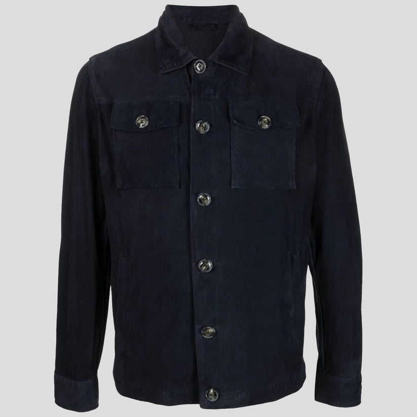 Men’s Navy Blue Suede Shirt Jacket – Button-Up Luxe Edition