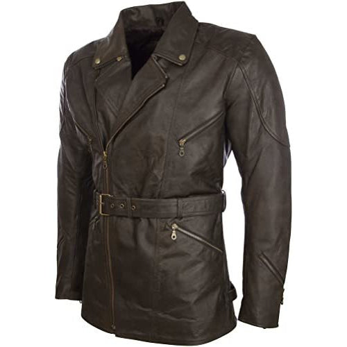 Men’s Real Cowhide Belted Leather Motorbike Coat