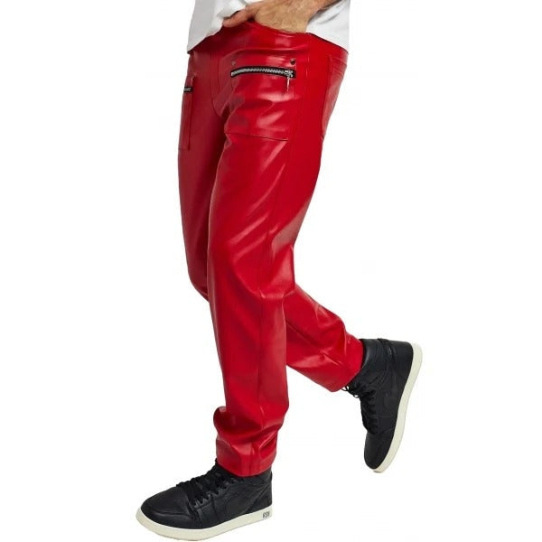 Men’s Red Leather Pants – Slim Fit with Zip Pockets
