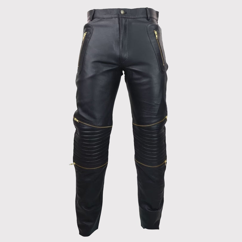 Men’s Vintage Black Leather Jeans with Gold Zips – Goth Punk Style