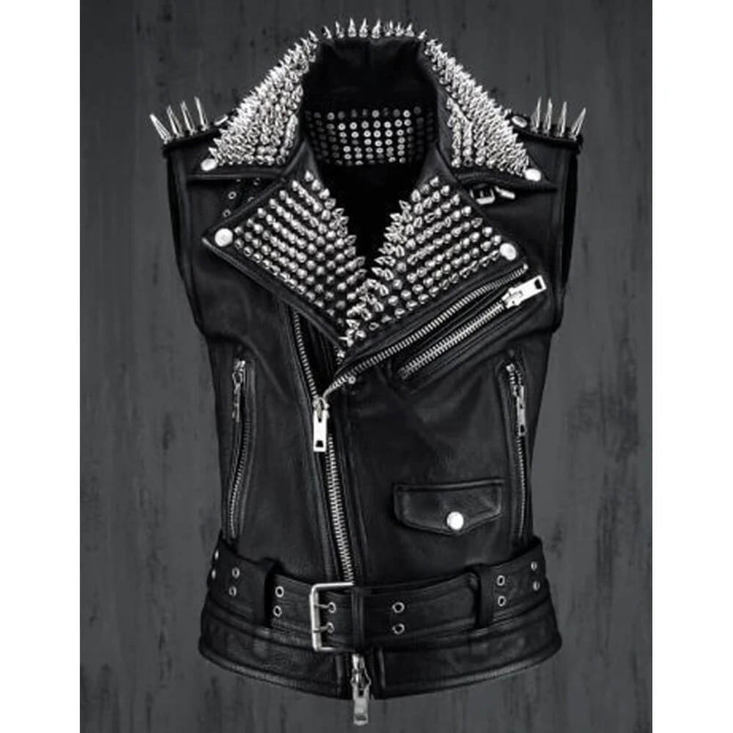 Men’s Silver Studded Leather Vest – Party Wear | Shearling Leather Jackets