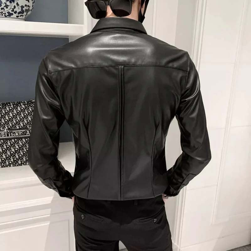 Men’s Slim Fit Sheepskin Leather Shirt Jacket – Black Edition