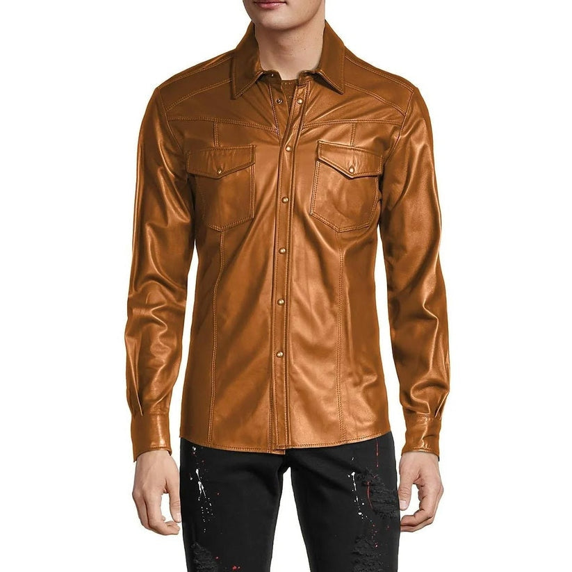Men’s Brown Snap-Front Leather Shirt – Classic Western Edge