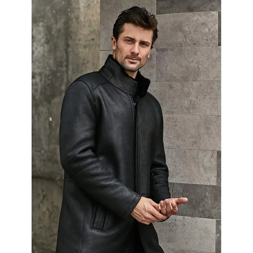 Men’s Black Shearling Long Coat – Stand Collar Winter Overcoat