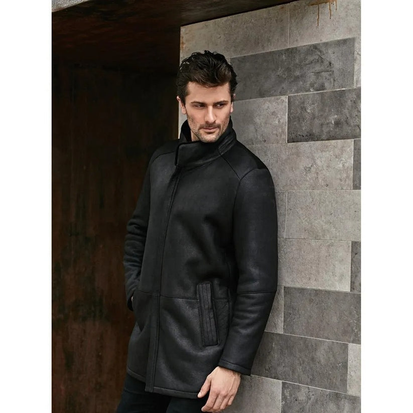 Men’s Black Shearling Long Coat – Stand Collar Winter Overcoat