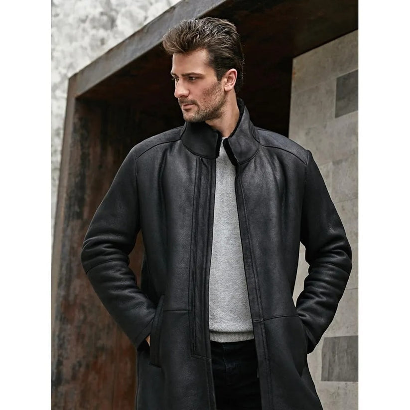 Men’s Black Shearling Long Coat – Stand Collar Winter Overcoat