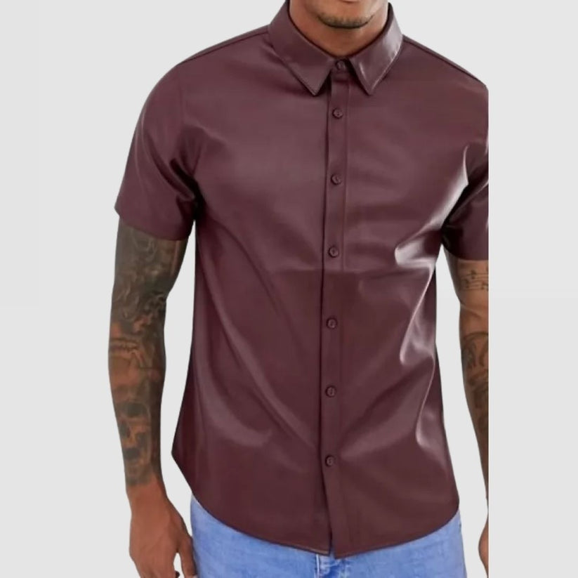 Men’s Burgundy Sheepskin Leather Shirt – Short Sleeve Street Style
