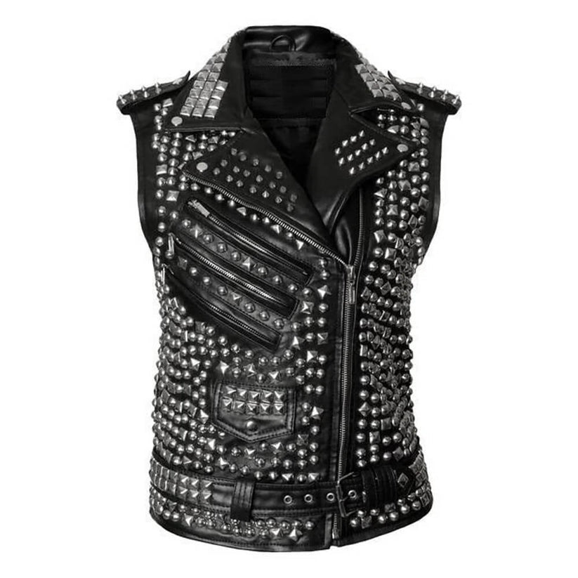 Men’s Brando Biker Leather Vest with Silver Studs | Shearling Leather Jackets