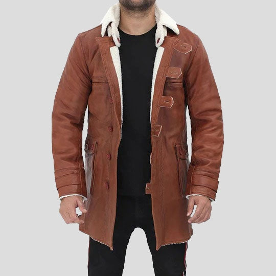 Men's Tan Shearling Leather Trench Coat – Bane Style