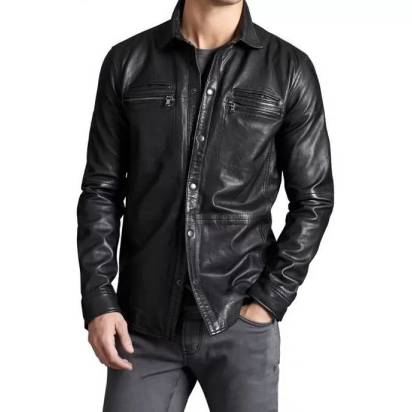 Men’s Real Sheepskin Black Leather Shirt – Trendsetting Urban Fit